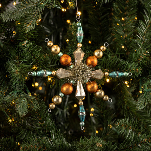 BLUE & GOLD BEADED SNOWFLAKE ORNAMENT