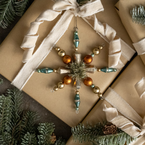 BLUE & GOLD BEADED SNOWFLAKE ORNAMENT