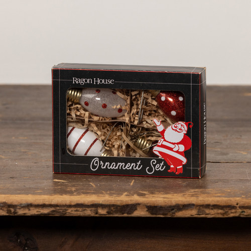 SET/ 4 RED & WHITE LIGHT BULB ORNAMENTS