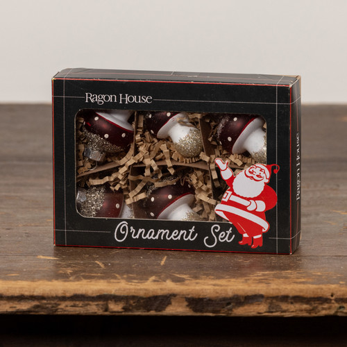 SET/ 6 GLITTERED RED MUSHROOM ORNAMENTS