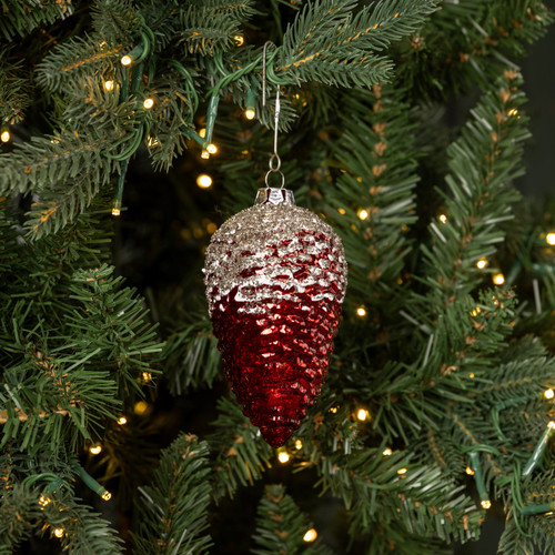 4.5" RED PINECONE W/ SILVER GLITTER ORNAMENT