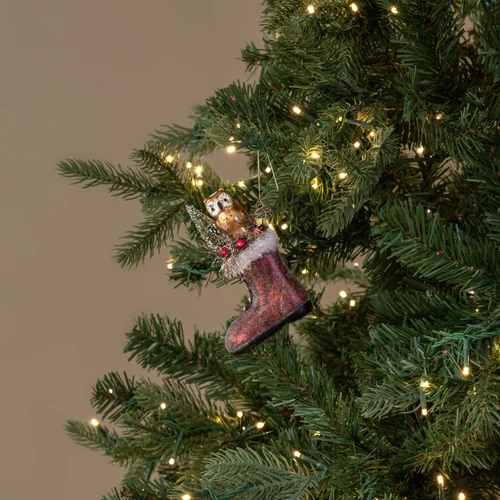OWL IN SANTA BOOT ORNAMENT