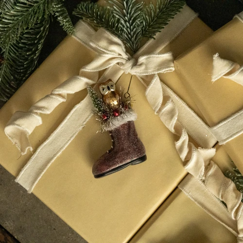 OWL IN SANTA BOOT ORNAMENT