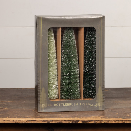 SET/ 3 - 15" LIGHTED GREEN BOTTLEBRUSH TREES