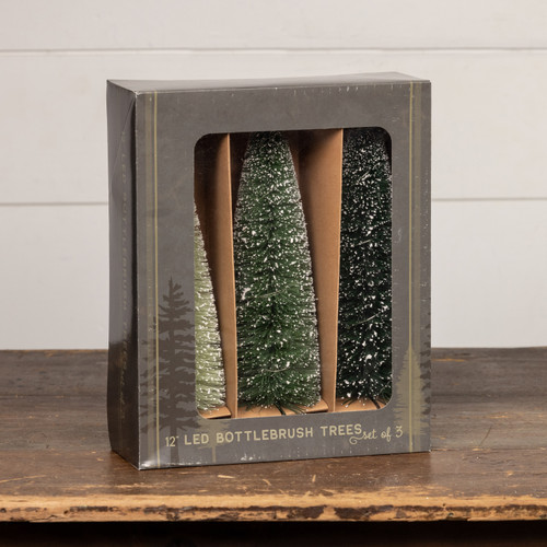 SET/ 3 - 12" LIGHTED GREEN BOTTLEBRUSH TREES