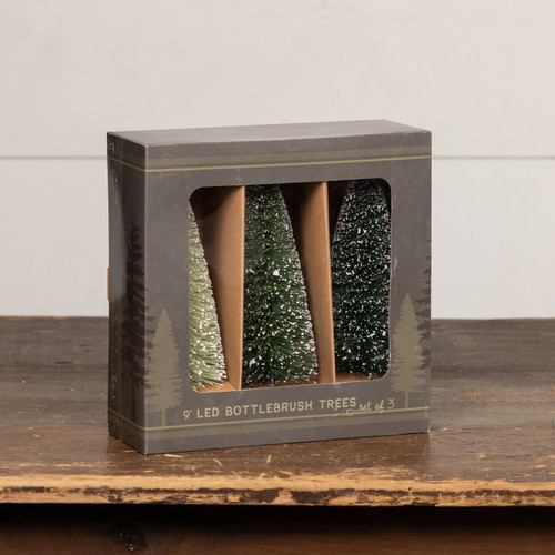 SET/ 3 - 9" LIGHTED GREEN BOTTLEBRUSH TREES