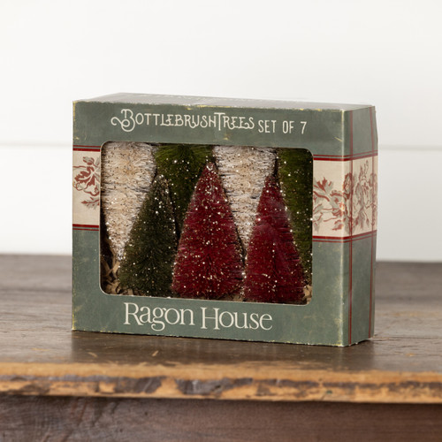 SET/ 7 SMALL GLITTERED HOLIDAY BOTTLEBRUSH TREES