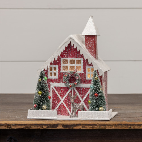 LIGHTED RED BARN W/ DEER