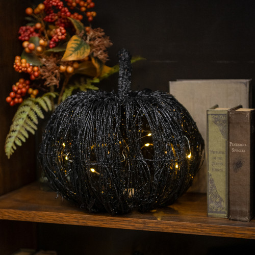 11" LIGHTED BLACK GLITTER RATTAN PUMPKIN