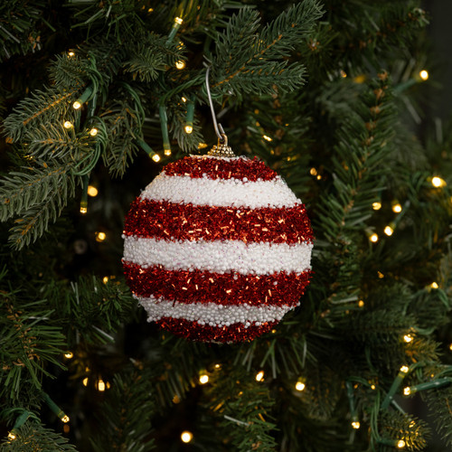 SET/ 4 RED & WHITE STRIPED ORNAMENTS
