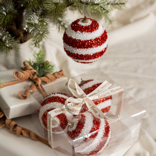 SET/ 4 RED & WHITE STRIPED ORNAMENTS