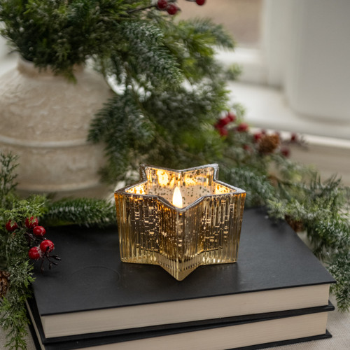 4.5" GOLD MERCURY GLASS STAR 3D FLAME CANDLE