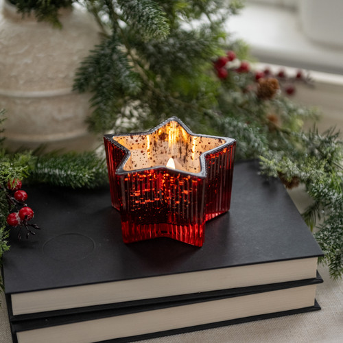 4.5" RED MERCURY GLASS STAR 3D FLAME CANDLE
