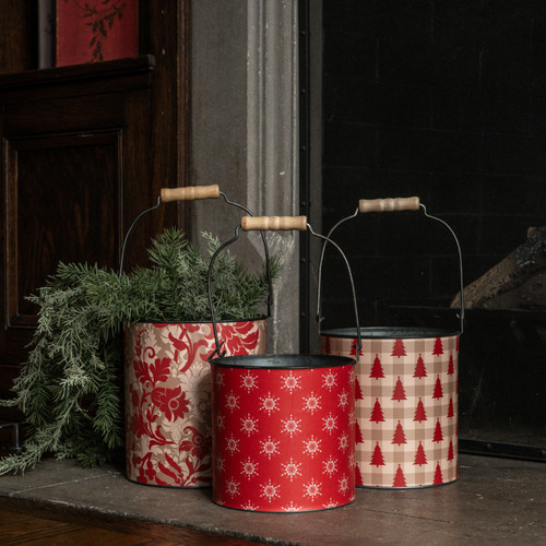 SET/3 COZY CHRISTMAS METAL BUCKETS