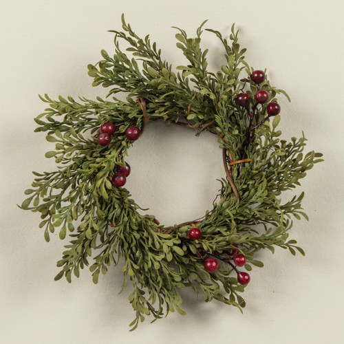 7" MINI LEAF TAPER CANDLE RING W/ BURGUNDY BERRIES