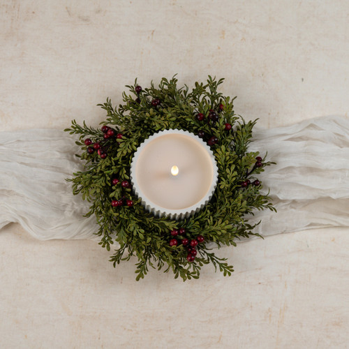 9" MINI LEAF CANDLE RING W/ BURGUNDY BERRIES