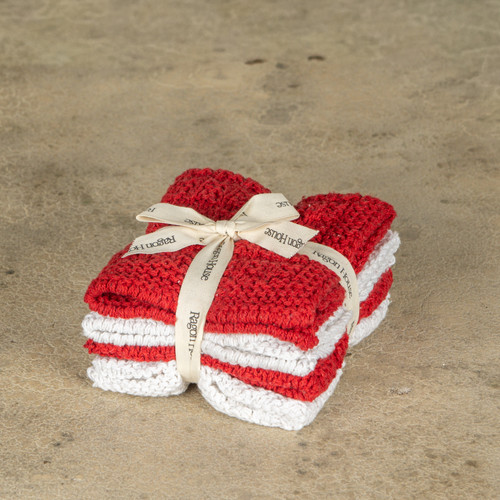 SET/4 RED & WHITE KNIT WASHCLOTHS