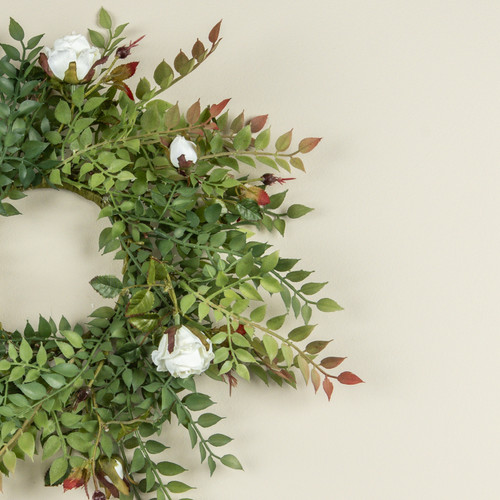 14" WHITE ROSE & SMILAX CANDLE RING
