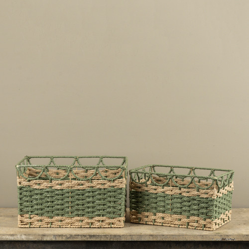 SET/ 2 GREEN & TAN WOVEN BASKETS