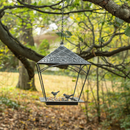 AGED BLACK BIRDFEEDER W/ 2 BIRDS