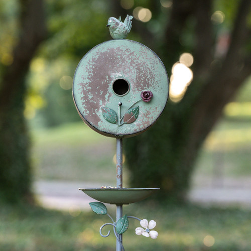 GREEN BIRDHOUSE W/ FEEDER STAKE