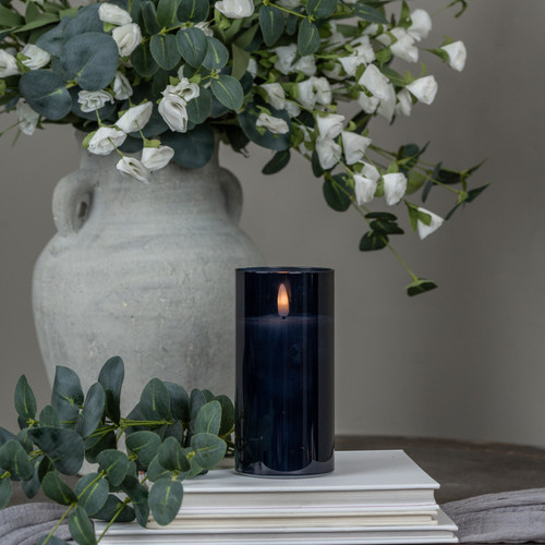 6" NAVY GLASS 3D FLAME CANDLE