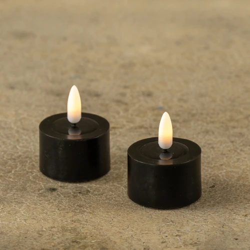 SET/ 2 - 3D FLAME BLACK TEALIGHT CANDLES W/ MELTING EFFECT