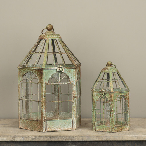 SET/ 2 AGED GREEN BIRDCAGE LANTERNS