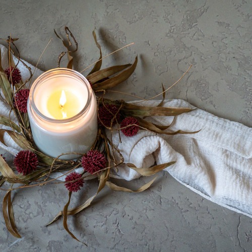 12" BURGUNDY POM POM & FAUX TWIG CANDLE RING