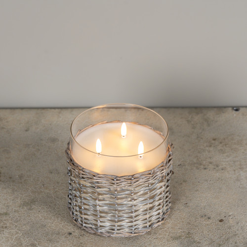6" WOVEN WICKER GLASS 3 WICK 3D FLAME CANDLE