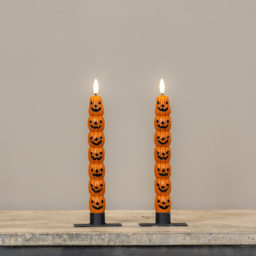 SET/2 - 9.75" STACKED JACK O LANTERNS 3D FLAME TAPER CANDLES