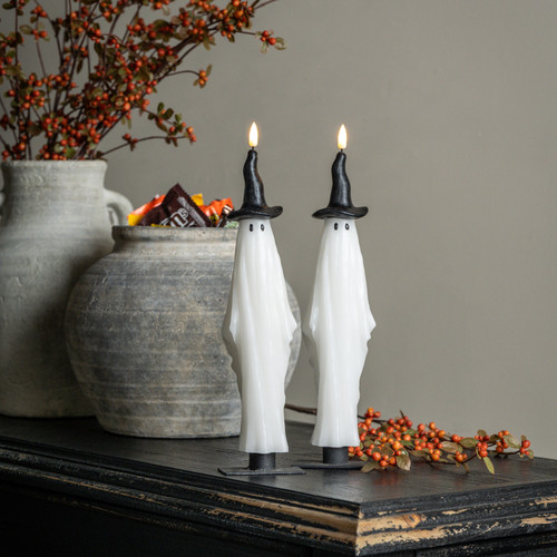 SET/2 - 12" 3D FLAME GHOST W/ WITCH HAT TAPER CANDLES