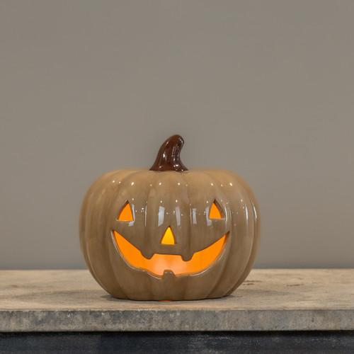 6.25" BEIGE CERAMIC LED PUMPKIN