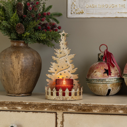 11.25" GOLD CHRISTMAS TREE PILLAR CANDLE HOLDER