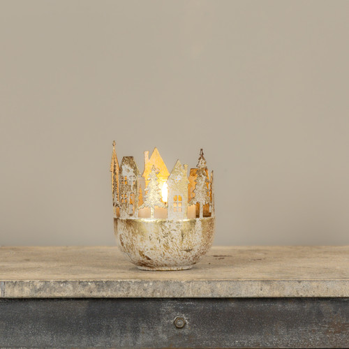 GOLD CHRISTMAS VILLAGE PILLAR CANDLE HOLDER