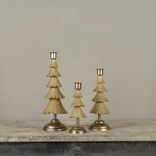 SET/ 3 GOLD TREE TAPER CANDLE HOLDERS