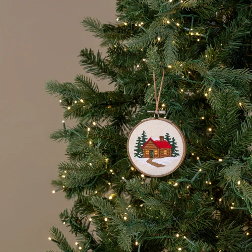 5" WINTER CABIN EMBROIDERED ORNAMENT