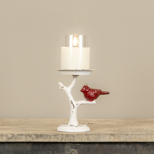 6.5" CARDINAL ON BRANCH PILLAR CANDLE HOLDER