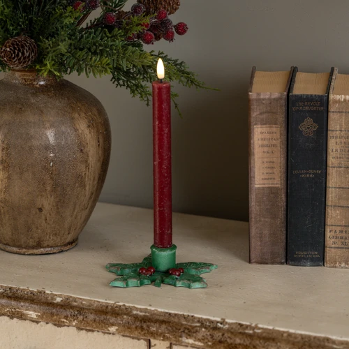 GREEN HOLLY TAPER CANDLE HOLDER