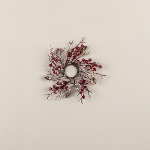 8" FROSTED TWIG & PINECONE W/ RED BERRIES TAPER CANDLE RING