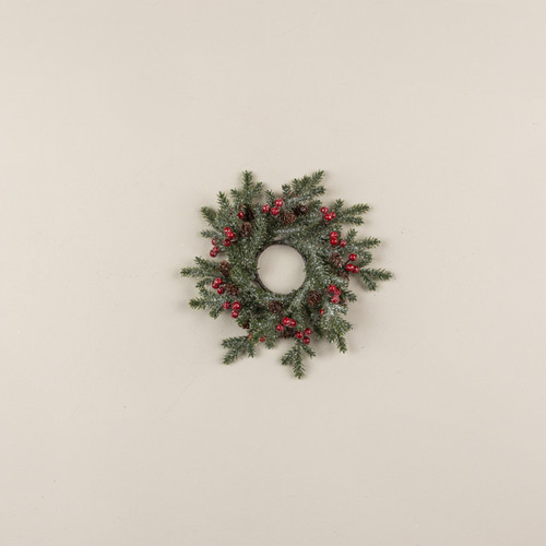 10" FROSTED PINE, RED BERRIES & PINECONE CANDLE RING