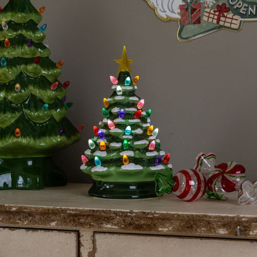 11" LIGHTED SNOWY CERAMIC CHRISTMAS TREE