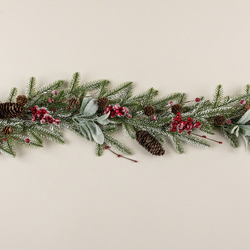 5' SNOWY PINE, LAMB'S EAR & RED BERRY GARLAND
