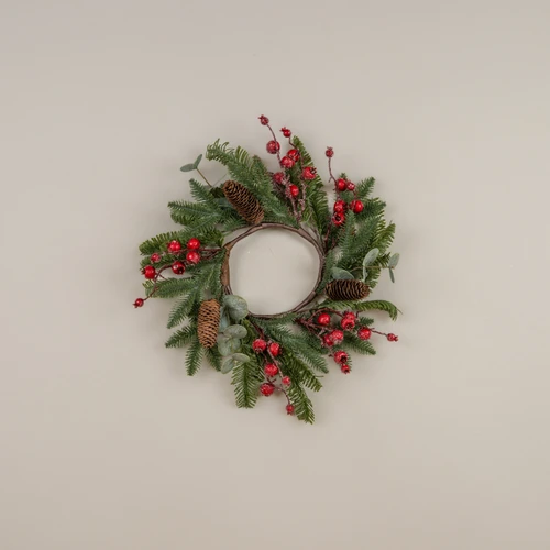 16" MIXED GREENS & ICY RED BERRY CANDLE RING