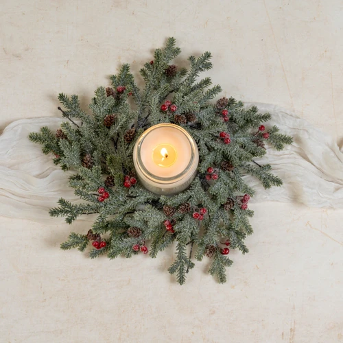14" ICY PINE W/ BERRIES & PINECONES CANDLE RING