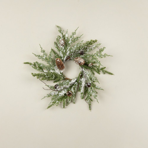 16" SNOWY PINE, BELLS & PINECONES CANDLE RING
