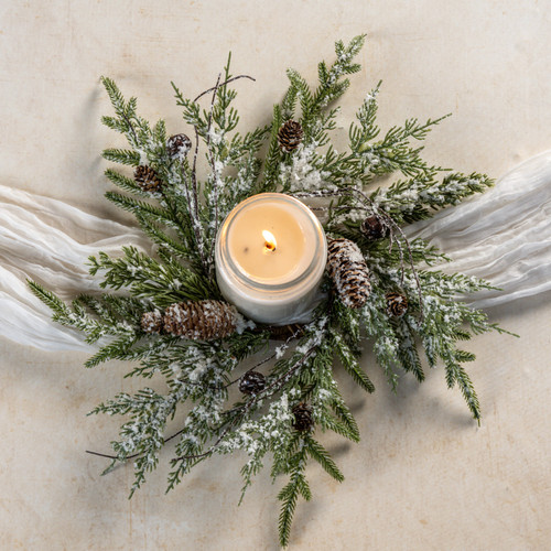16" SNOWY PINE, BELLS & PINECONES CANDLE RING