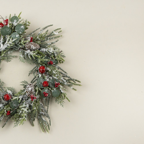 24" SNOWY PINE & CEDAR W/ BELLS & BERRIES WREATH