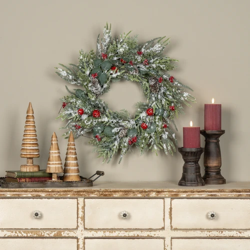 24" SNOWY PINE & CEDAR W/ BELLS & BERRIES WREATH