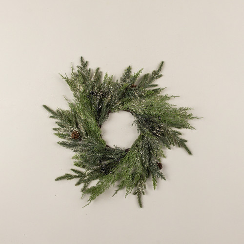 15.5" GLITTERED JUNIPER, PINECONE & BERRY CANDLE RING